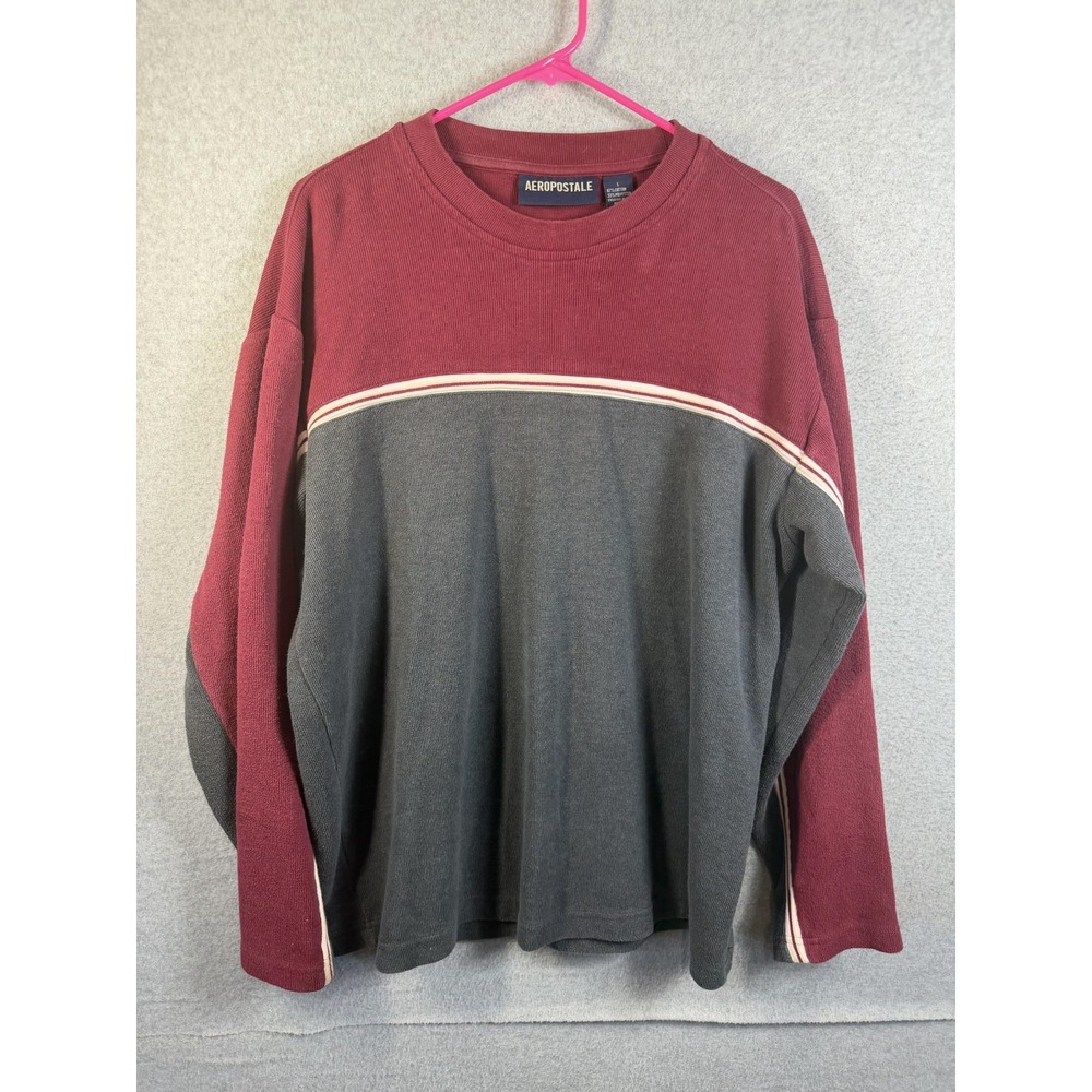 Aeropostale Sweater Mens Large Red Gray Stripe Waffle Knit Crewneck Pullover